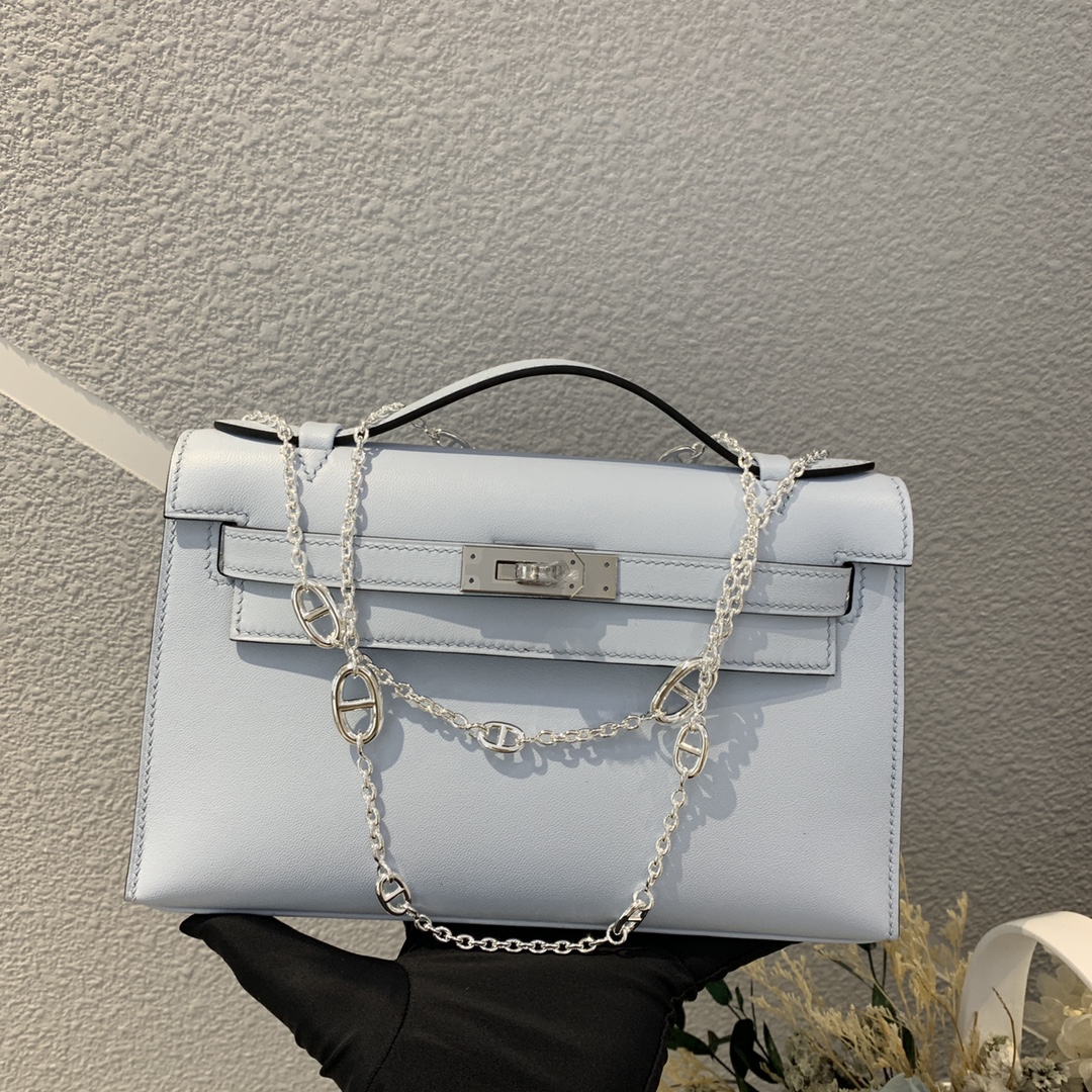 에르메스 미니 켈리백22 린넨블루 은장 스위프트